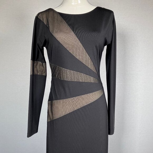 Black & Nude Mesh Sunburst Asymmetrical Long Cocktail Dress 8 - Picture 2 of 9
